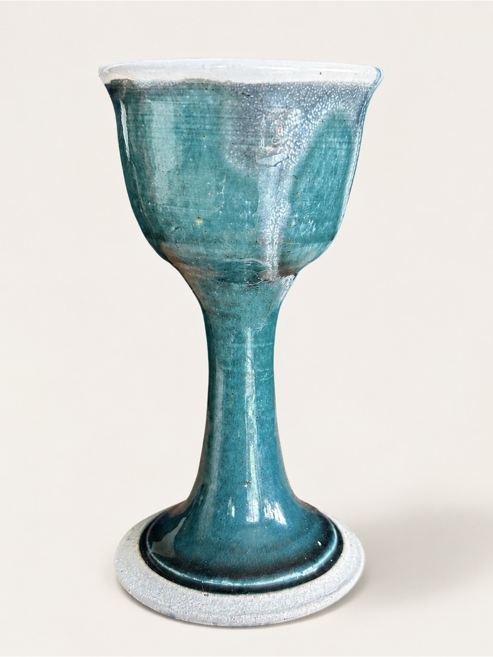 Signed Studio Pottery Ceramic Chalice Teal Crackle Glaze Handmade 7”